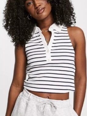 Abercrombie & Fitch White and Black Striped Sleeveless Polo Crop Top